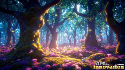 Mossy roots spread from thick trees across a forest floor covered in pink flowers