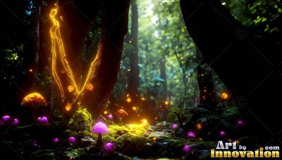 Mushrooms sprout along a mossy forest floor lit by bright yellow sparks