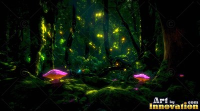 Sitting upright on mossy ground, pink mushrooms sprout in a dark woods