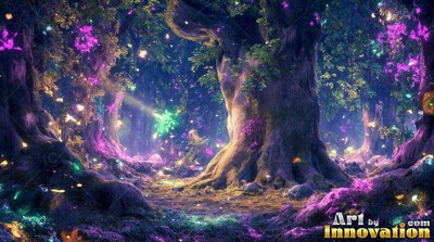 Large old trees stand in a dark woods lit by pink leaves and green lights