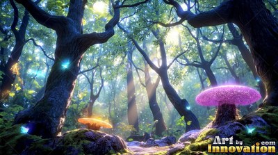 In a sunlit green forest, large purple and orange mushrooms grow beneath ancient trees
