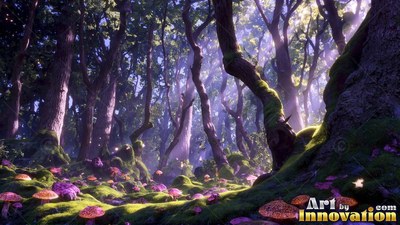 Catching purple sunlight, mossy woods grow thick with spotted mushrooms