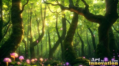 Mossy forest with bright pink mushrooms under green canopy sunbeams