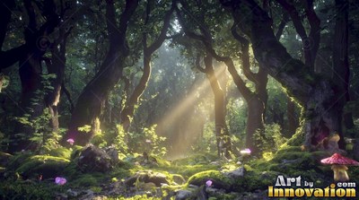 Sunlight beams through old trees onto mossy ground with small pink mushrooms