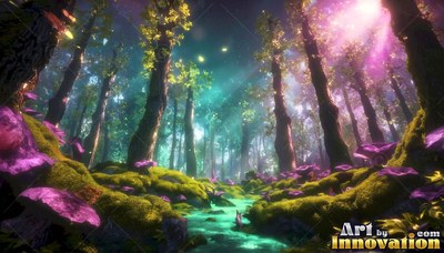 A green stream flows through tall trees under beams of bright teal and pink light