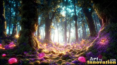 Viewed from the ground, old trees fill a bright forest with pink mushrooms