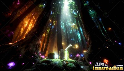 Sunlight beams down into a shadowy forest full of purple mushrooms and tall trees