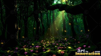 In a dark green forest, tiny purple mushrooms cover the ground under sunbeams