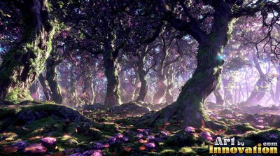 Twisting through purple woods, old mossy trees rise above pink forest floor flowers