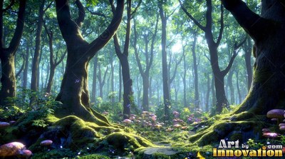 Mossy tree roots and small pink mushrooms in a green forest