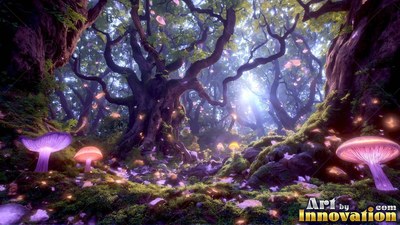 Wide purple mushroom caps rise from mossy ground beneath old twisted trees in soft light