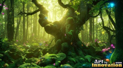 An old mossy tree spreads its branches under soft yellow sunlight in a green forest