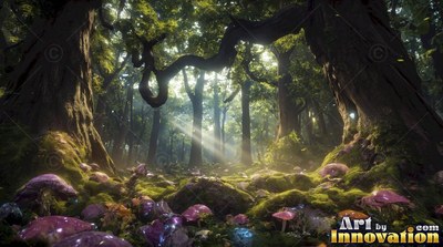 Tw isted thick tree trunks frame a sunlit forest floor covered in purple mushrooms