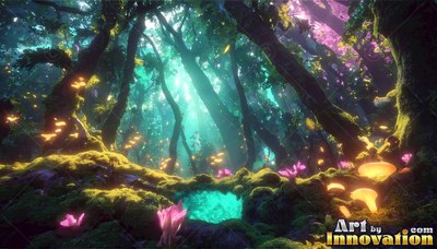 Tall green trees surround a bright blue pool and bright mushrooms on mossy ground
