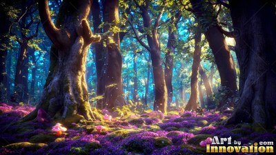 In a dense forest, ancient trees stand over purple flowers and bright mushrooms