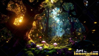 Sprouting on mossy roots, pale pink mushrooms sit under dark twisted trees