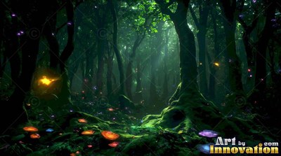 Dark green forest with colorful mushrooms under soft light beams