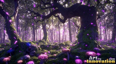 Mossy bark on twisted trees surrounded by bright purple mushrooms in a quiet woodland forest