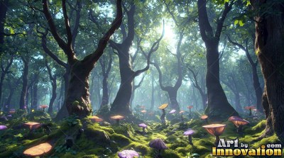 Gnarled trees grow over mossy ground scattered with colorful mushrooms under soft sunlight