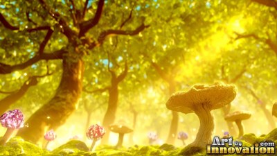 Standing upright in a sunny green forest, tall mushrooms rise from the moss