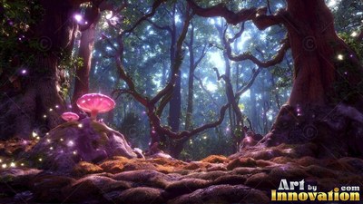 Bright pink mushrooms sprout on a rock under twisted trees at night