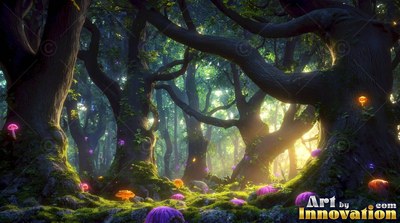 In a shady forest, bright pink and orange mushrooms grow beneath thick trees