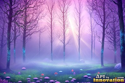 Standing in violet mist, bare trees rise over a meadow of small colorful mushrooms