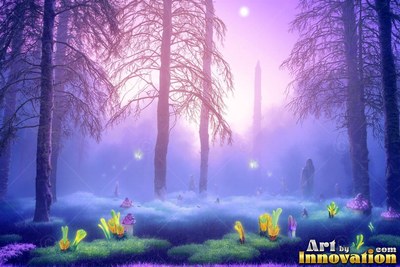 Forest clearing with tall bare trees and yellow flowers in purple fog