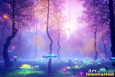 Bright blue and yellow caps on mushrooms spread across grass under purple trees