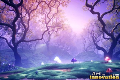 Small bright mushrooms sprout on moss y hills under pale purple trees