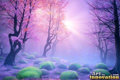 Twisted trees stand over green moss mounds in a purple forest under bright sunlight
