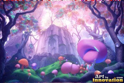 Bright pink mushrooms dot a green hill before stone ruins in a purple forest
