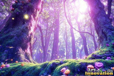 In a purple woodland, an ancient tree trunk has bright yellow eyes above mossy ground