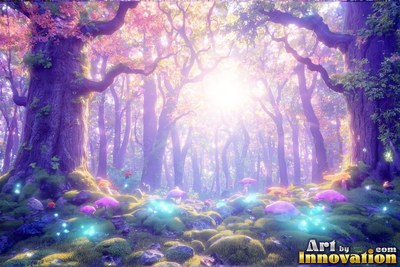 Shining through dense branches, bright light fills a purple forest of mossy trees
