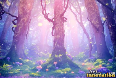Tall mossy trees and purple mushrooms in pink light