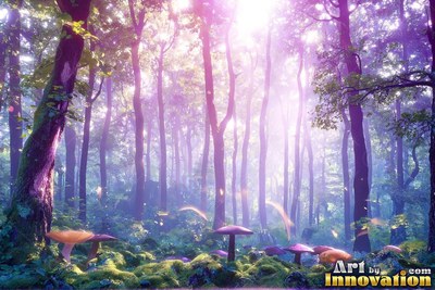 Smooth purple mushroom caps rise from mossy ground beneath tall trees in pink light
