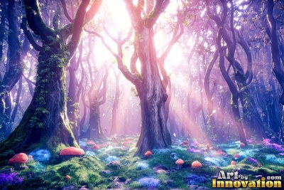Twisted trees stand over colorful moss while bright pink sunbeams break through the canopy