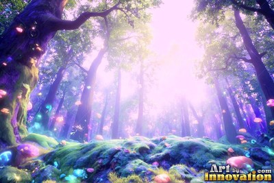 Seen from a low angle, a forest floor covered in purple mushrooms