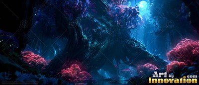 A giant gnarled tree stands in blue moonlight surrounded by bright pink bushes