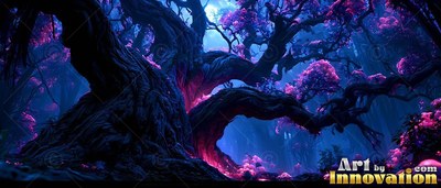 In a blue night forest, a gnarled tree spreads branches with pink leaves