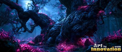 Twisting in the blue night, an old gnarled tree rests among bright pink moss