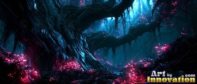 A dark gnarled tree surrounded by bright pink flowers in blue mist
