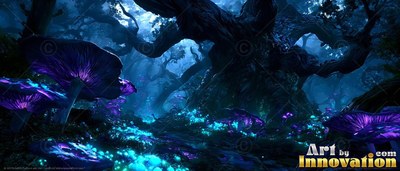 Purple mushrooms with bright undersides grow along a dark path near twisted trees