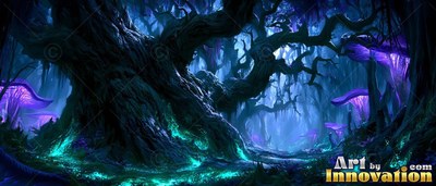 Gnarled trees twist along a dark path lit by cyan moss and purple mushrooms