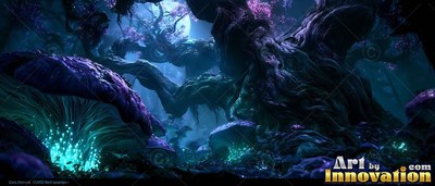 Twisted dark tree trunks spread across a forest lit by teal mushrooms