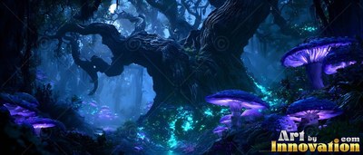 Large purple mushrooms sprout around an old twisted tree in dark blue woods