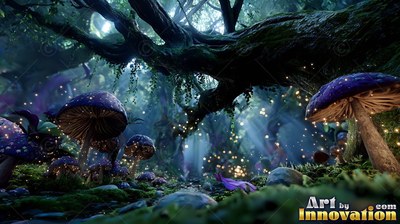 In a dark forest, purple mushrooms grow under twisted tree branches with yellow fireflies