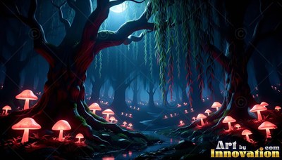 Shining in dark woods, pink mushrooms line the roots of old willow trees