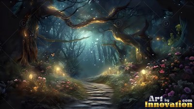 Stone path through a dark forest with tiny yellow lights and flowers