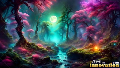 Twisted trunks with bright pink leaves surround a stream under a full moon in a teal forest